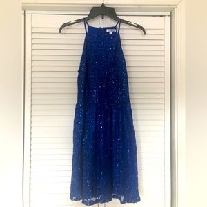 Semi-formal royal blue glittery dress.